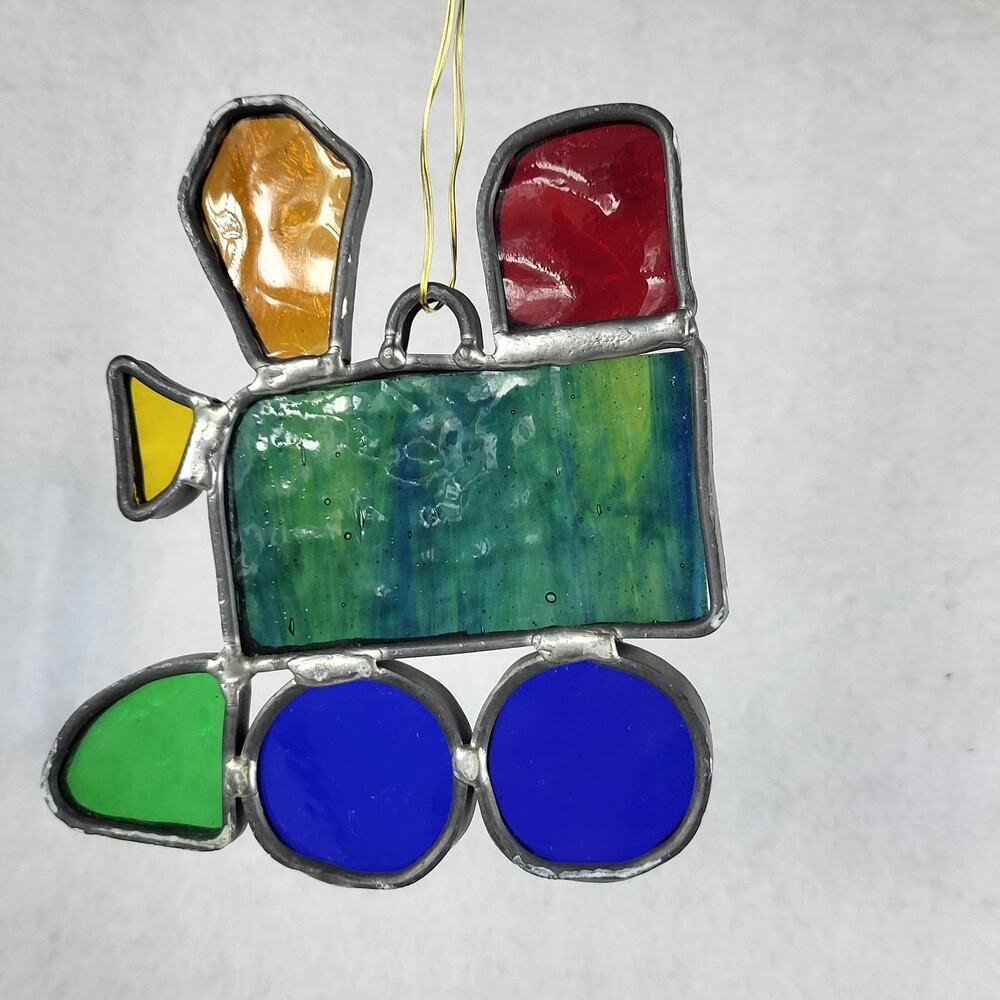 VTG Handmade Stained Glass Christmas Train Sun Catcher 3.5" MCM Holiday Decor
